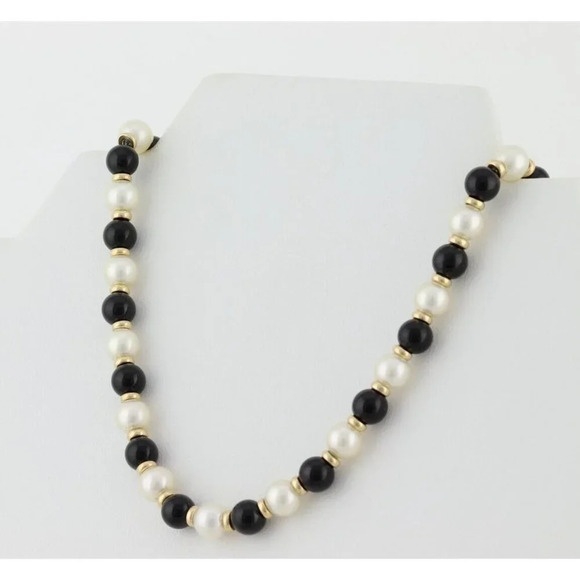 Unbranded Jewelry - 14k Yellow Gold Freshwater Pearl, Onyx, Gold Bead Strand Necklace 19.25"